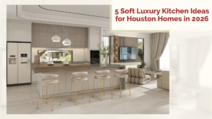 Soft luxury kitchen design with warm wood cabinetry and natural stone countertops in Houston Texas